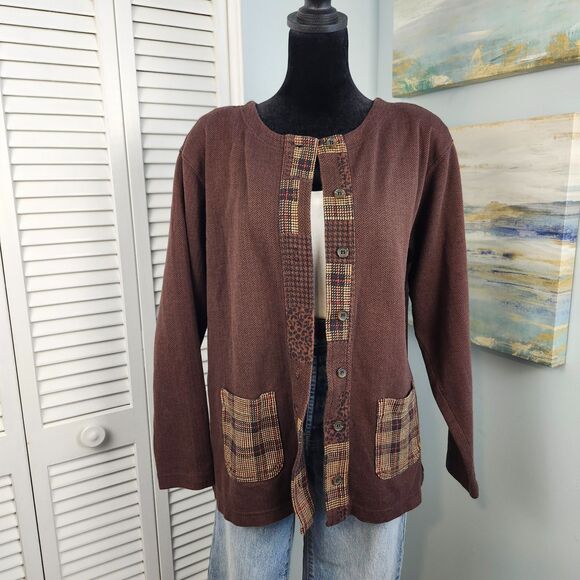 Vtg Bechamel Cardigan 100% Cotton Sweater Brown Plaid Animal Print Trim Button M - Picture 8 of 8